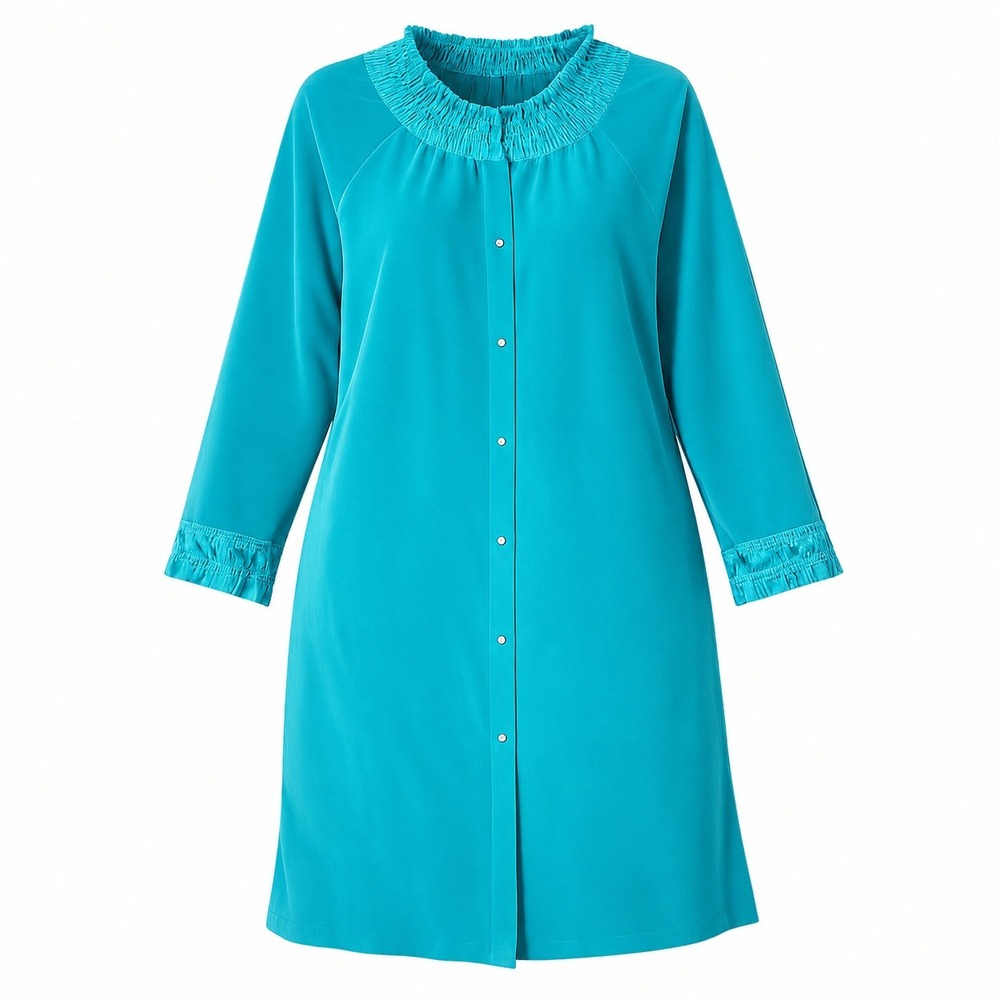 Vanity Fair Robe Medium‎ Teal Smocked Neck Ruffle Vintage Snap Front Loungewear